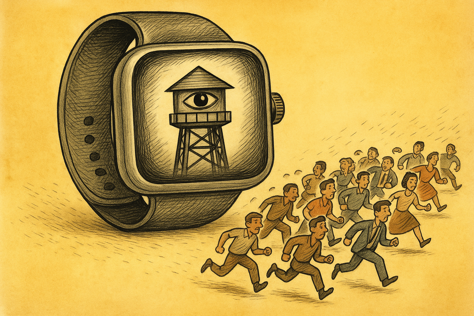 Ilustracja zegarka z wieżą strażniczą i okiem, pod kt&oacute;rym biegnie grupa ludzi.